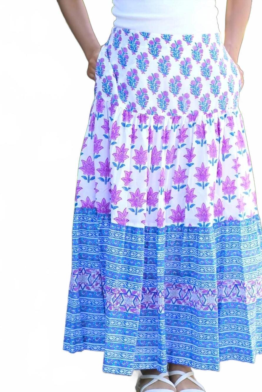 NEW DOLMA block printed tiered cotton skirt in blue